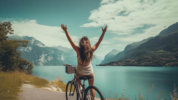 자전거를 타고 다니는 행복한 여성 스위스 여행 스포츠 활동적인 여성 개념