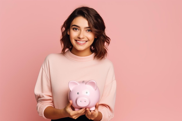 Happy woman with piggy bank on isolated pastel background generative ai