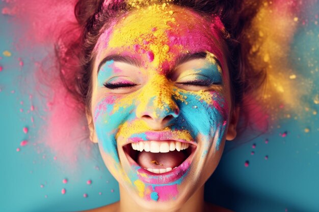 Happy woman with pink and blue holi powder smiling and enjoying colorful festival celebration
