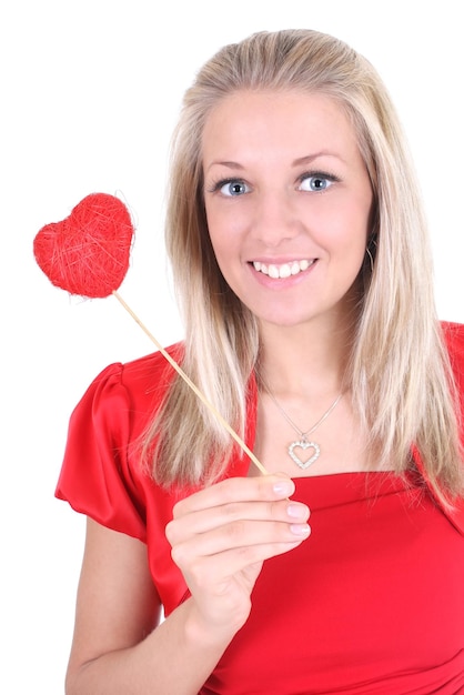 Happy woman with red heart