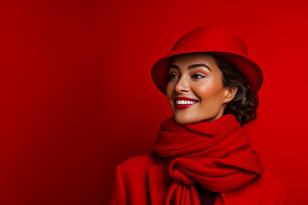 Photo happy woman with red scarf and hat with copy space for text on a red background