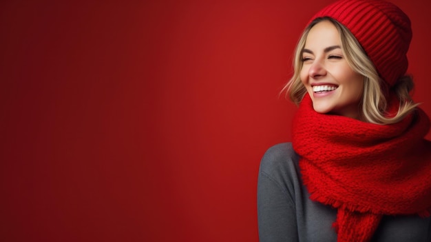 Happy woman with scarf and hat with space for copy on a color background