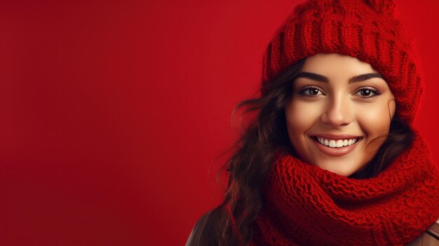 Happy woman with scarf and hat with space for copy on a color background