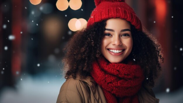 Happy woman with scarf and hat with space for copy on a color background