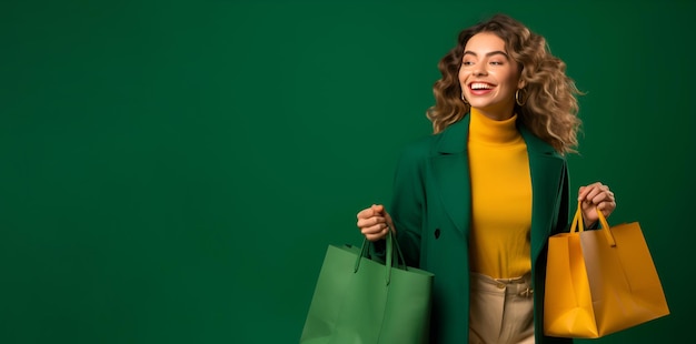 Happy woman with shopping bags on green background banner