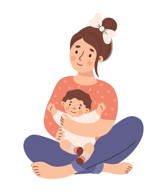 작은 아이와 함께 행복한 여성 귀여운 여성 캐릭터 아기와 함께 평평한 스타일의 어머니
