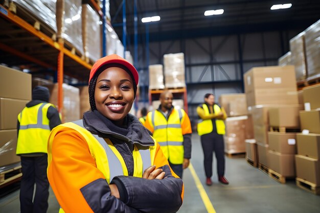 Happy Woman with a Smile in a Warehouse Easily Discoverable Stock Image with Generative AI