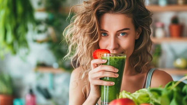 ウェガンのスムージー飲み物やベジタリアンのシェイクをキッチンで食べている幸せな女性