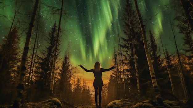 Foto donna felice nel bosco con bella auroraxa verde