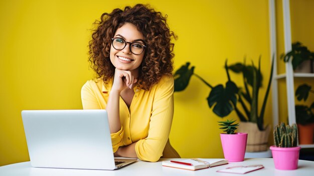 Happy woman working on a laptop in her home office