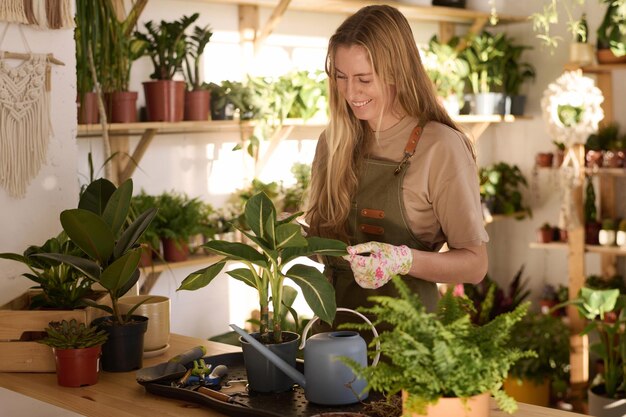 Happy woman working in plant shop