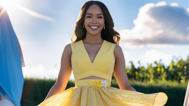 Happy woman in yellow dress