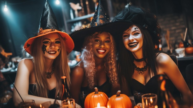 Foto donne felici che festeggiano halloween, persone diverse che si divertono alla festa.