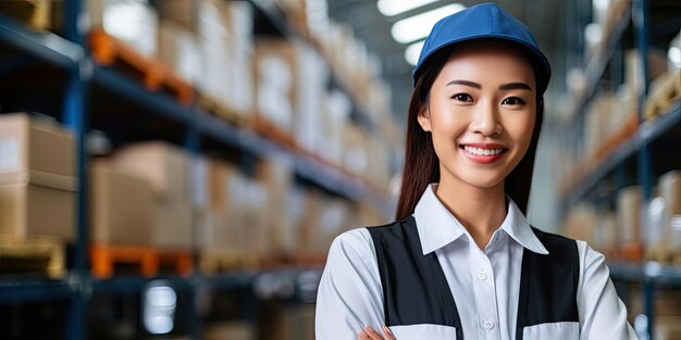 Happy women engineer Asian worker female work in factory portrait smile standing arm fold confidence look