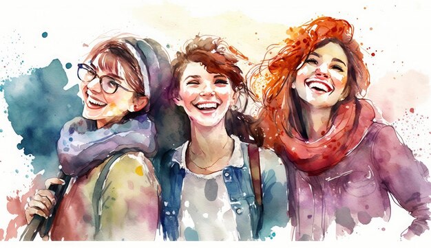 Happy women group for International Women's day banner watercolor style illustration by Generative Ai