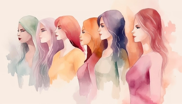 Generative Aiによる国際女性デーの水彩風イラストの幸せな女性グループ