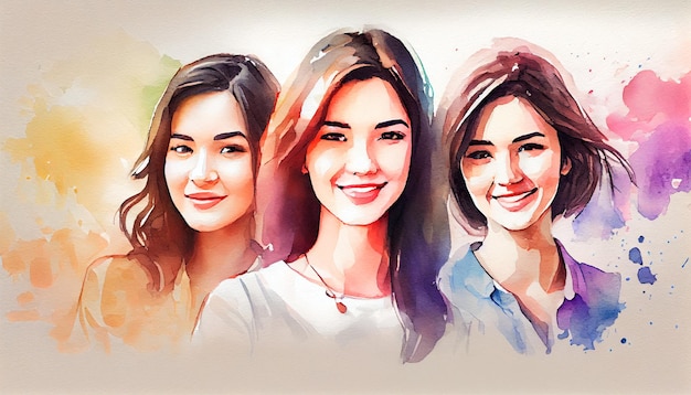 Happy women group for International Women's day watercolor style illustration Generative AI