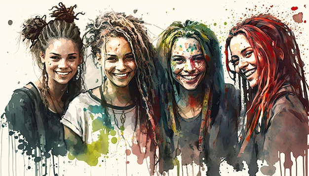 Happy women group with dreadlocks watercolor style Generative AI