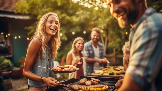 happy women and man friends grill Barbecue during party at backyard