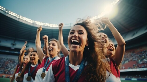 Happy women medal and celebration in Olympic winning