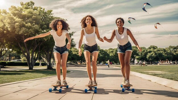 Happy women in shorts with a skateboard outdoors