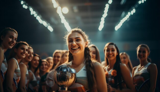 バレーボールコートでポーズをとっているバレーボール服を着た幸せな女性キャプテンがトロフィーを握っている