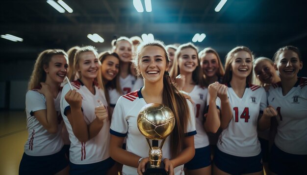 Счастливые женщины в волейбольной одежде позируют на волейбольном поле. Капитан держит трофей.