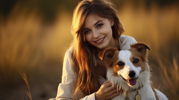 人工知能 (AI) によって作成された犬の画像を持つ幸せな女性