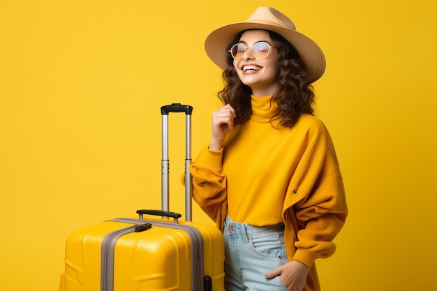 happy women with travel bag isolated on yellow background