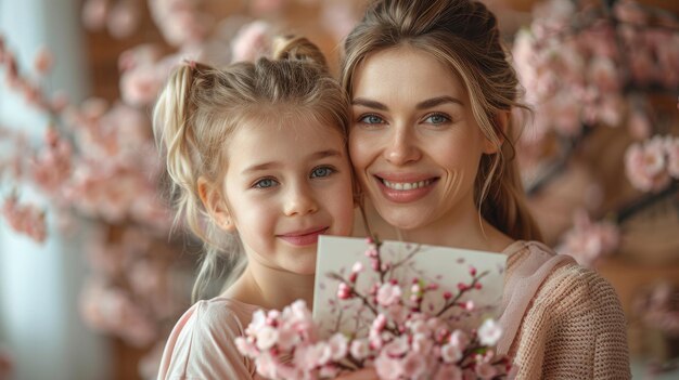 Photo happy women39s day child daughter is congratulating mom and giving her postcard