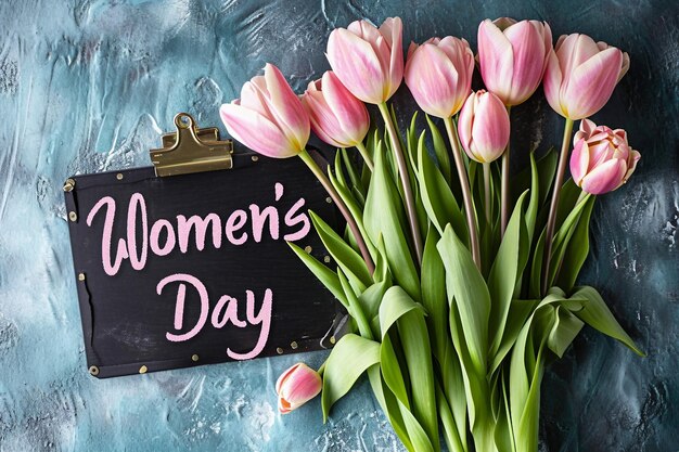 Happy Women39s Day geschreven op een bord met roze tulpen