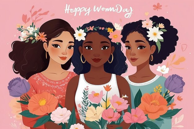 Карта с поздравлениями с Днем женщины с девушками разных национальностей с цветами