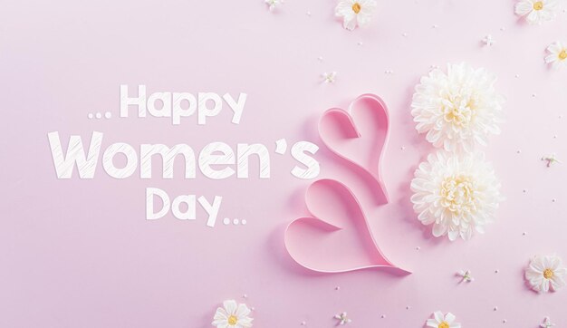 Foto happy womens day decoratie concept gemaakt van bloem en de tekst op roze pastel achtergrond