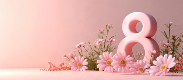 3월 8일 여성의 날을 축하하는 디자인 템플릿 장식용 분홍색 꽃과 장식용 핑크색 숫자 생성 AI