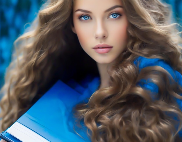 In happy womens day with a beauty fu wom long hair and blue eyes stands holding a notebook in hands