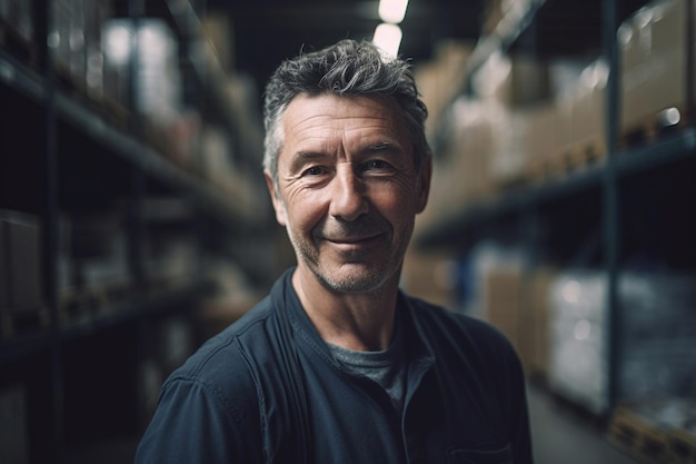 Foto uomo lavoratore felice direttore di fabbrica che lavora nel magazzino mentre sorride e guarda la telecamera ai generativa