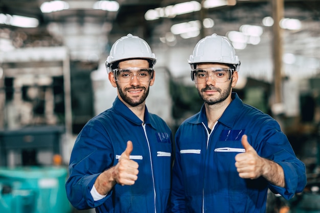 Happy worker team smiling hand show thumb up for good working in factory.