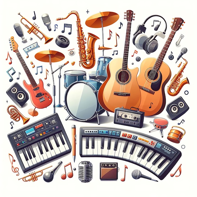 Photo happy world music day event and musical instruments with white background