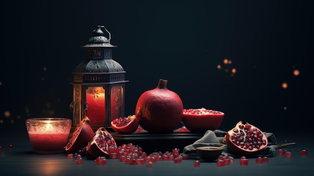 Happy yalda night winter solstice festival The birth of the sun or the moon Copyspace background for text grapes pomegranate watermelon