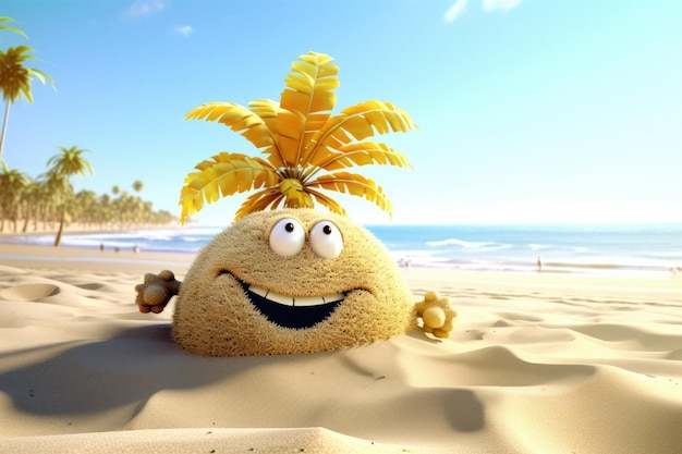 Happy yellow emoji face sitting on a sandy beach with blue ocean waves in the background Generative AI