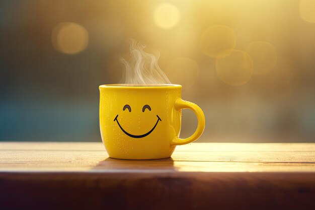 Photo happy yellow mug with smiling face and morning steam