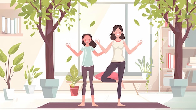 행복한 요기 엄마는 딸 아이에게 집에서 요가를 가르치고 나무 자세로 서서 미소 짓고 웃습니다.