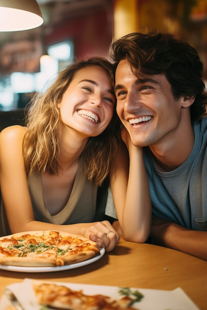 写真 イタリアのピザ屋でピザを食べて楽しむ若いカップル 恋愛 食べ物を楽しむ人々 恋愛