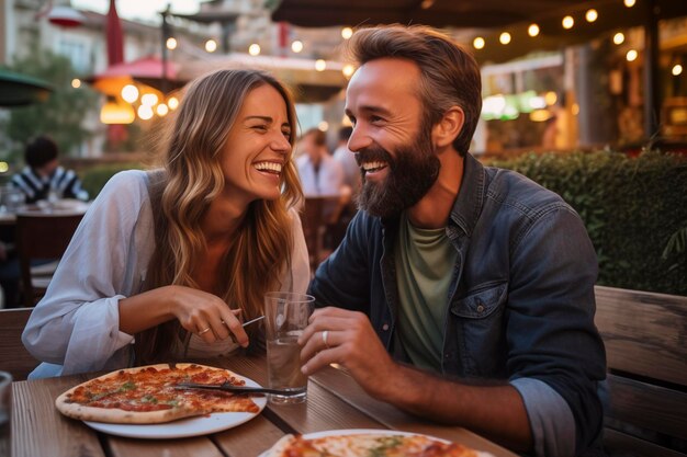 写真 幸せな若い夫婦は伝統的なイタリアのピザ屋のレストランで外で一緒にピザを食べて楽しんでいます 座って話し合い笑っています 食べ物を楽しんで出会い関係を楽しんでいる人々 観光客