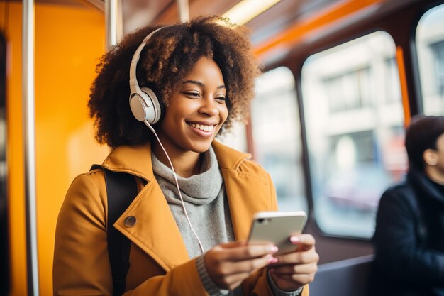 Happy young african american woman passenger listening music via smart mobile phone in a train