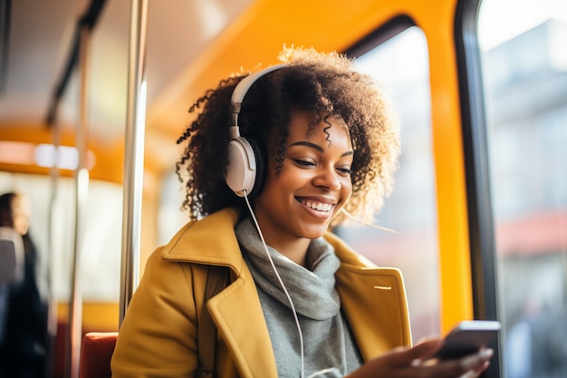 幸せな若いアフリカ系アメリカ人の女性乗客が電車でスマート携帯電話で音楽を聴いています