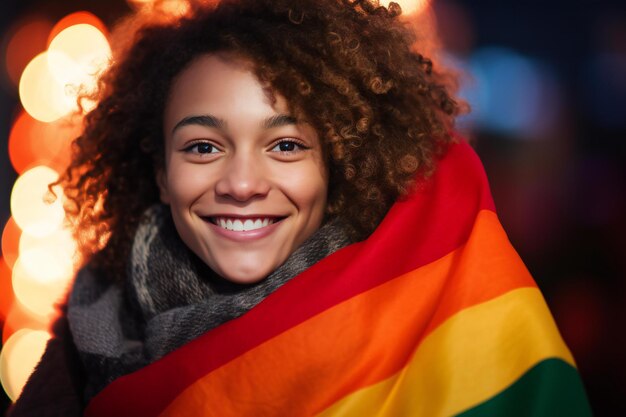 Happy young african american woman wrapped in rainbow flag at christmas