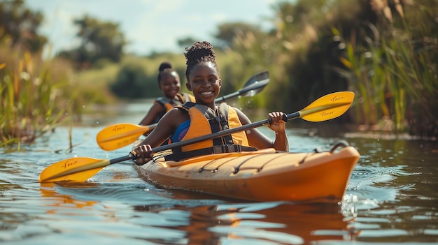 A happy young African girl doing kayaking in river by herself with a big blurry backdrop with a big space for text or product Generative AI