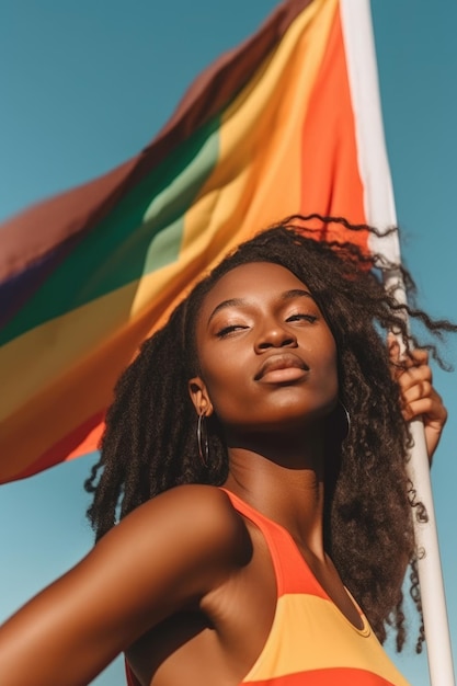 Photo happy young african woman holding lgbtq flag ai generative