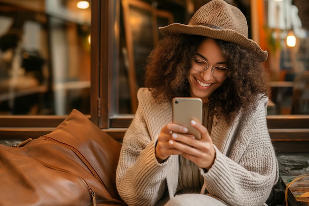 Photo happy young afro american woman using cell phone in street cafe